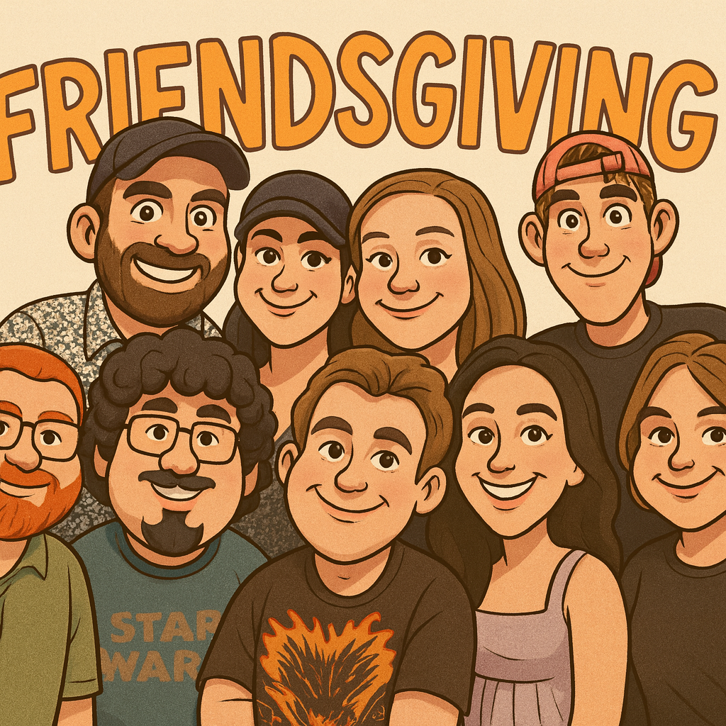 Friends gathered around the Friendsgiving table